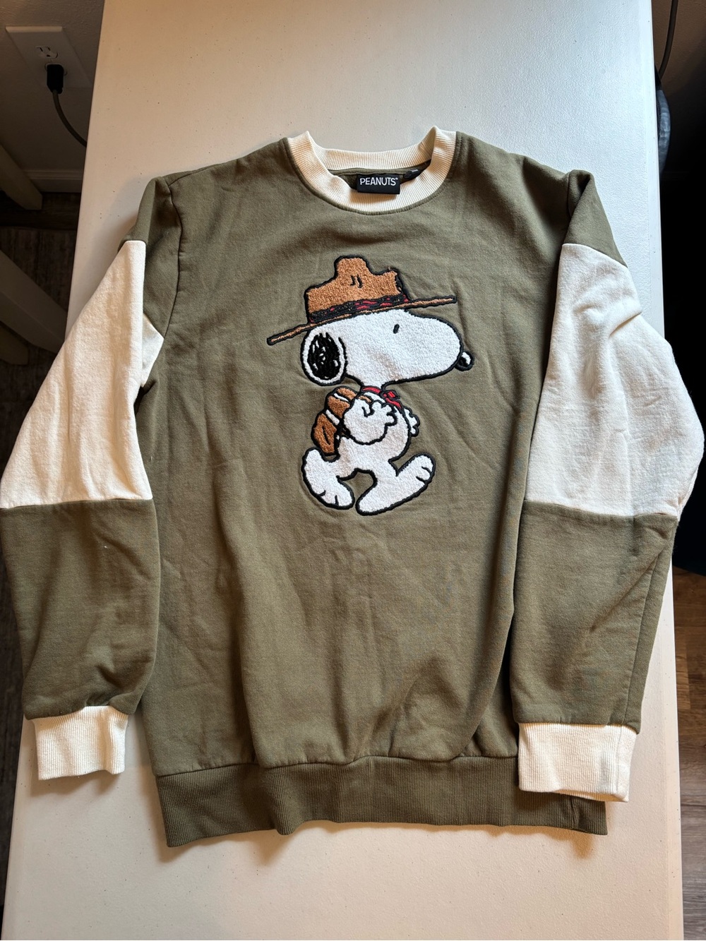 Peanuts Men's Olive & Cream Snoopy Patch Crewneck Sweatshirt